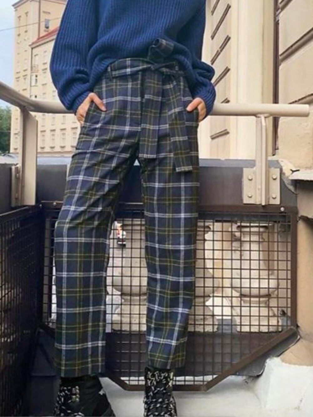Aritzia Wilfred Tie-Front Pant Tartan Plaid Navy Green Size 0